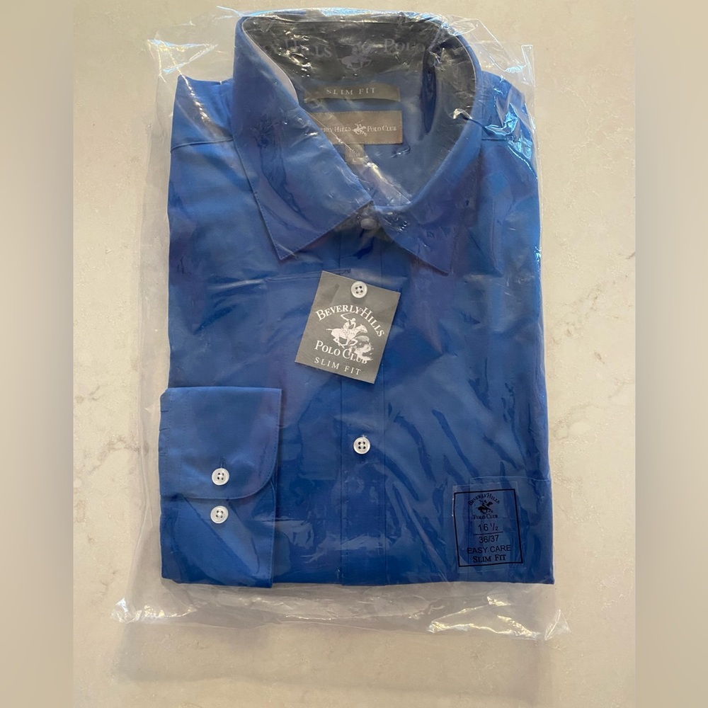 Cobalt Blue Beverly Hills Polo Club Long Sleeve Slim Fit 16.5x36/37 Dress Shirt